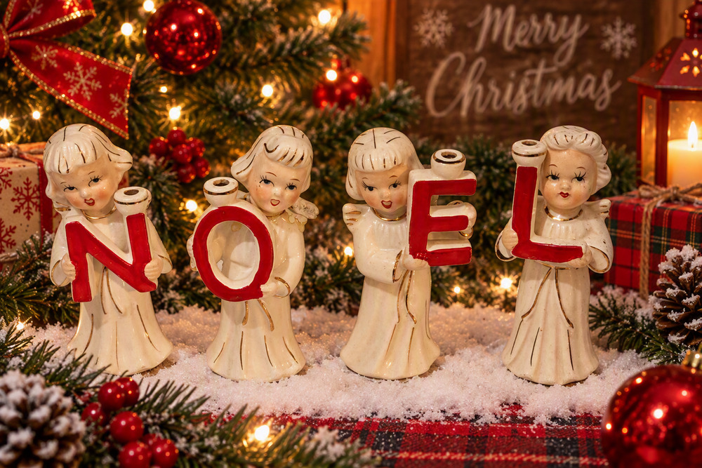 Vintage RELCO NOEL Christmas Angels Figurine Candle Holder Porcelain JAPAN *Read